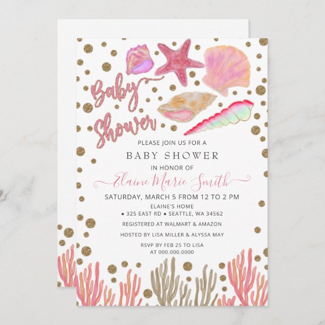 Pink Gold Glitter Seashells Sea Beach Baby Shower Invitation (Front/Back)