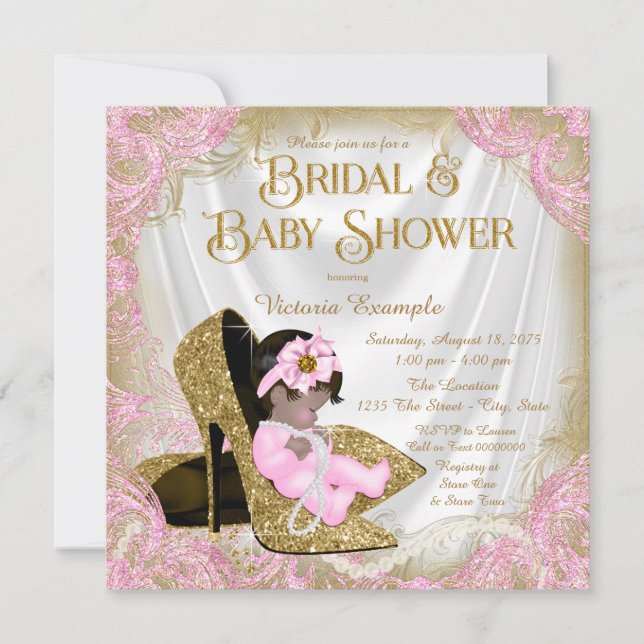 Pink Gold Glitter Shoe Pearl Bridal Baby Shower Invitation (Front)