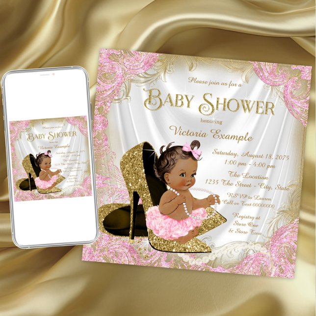 Pink Gold Glitter Shoe Pearl Ethnic Baby Shower Invitation (Pink gold high heel shoe baby shower invitation. Download and printed invitations available.)