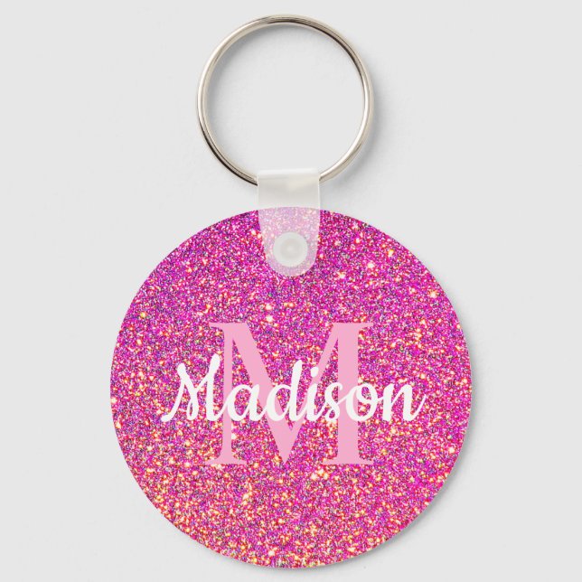 Pink Gold Glitter Sparkle Chic Monogram Name Key Ring (Front)