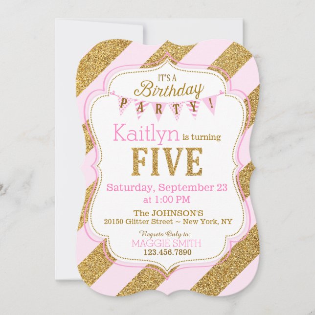 Pink Gold Glitter Sparkle Fifth Birthday Invite (Front)