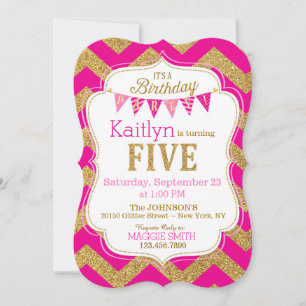 Pink Gold Glitter Sparkle Fifth Birthday Invite