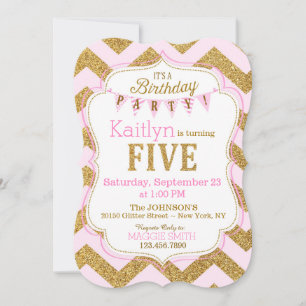 Pink Gold Glitter Sparkle Fifth Birthday Invite