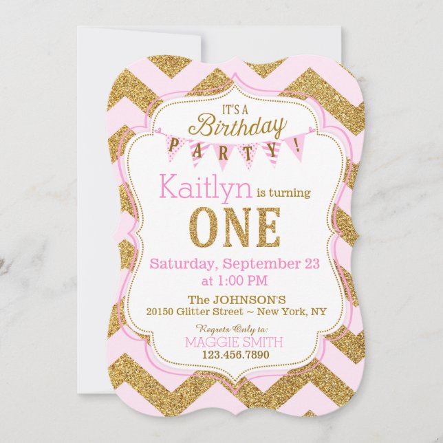 Pink Gold Glitter Sparkle First Birthday Invite (Front)