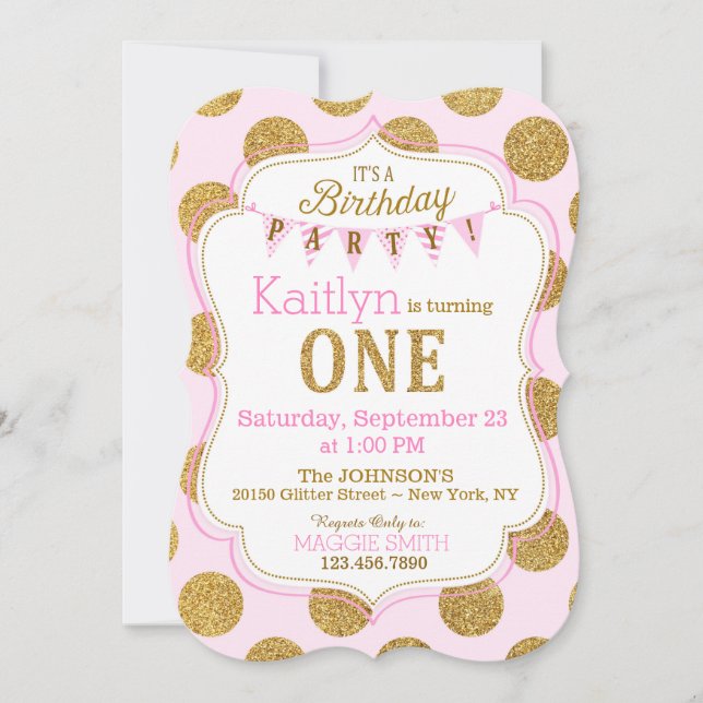 Pink Gold Glitter Sparkle First Birthday Invite (Front)
