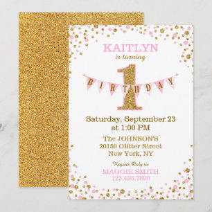 Pink Gold Glitter Sparkle First Birthday Invite