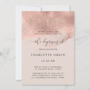 Pink Gold Glitter Sparkle Script Baptism Invitation