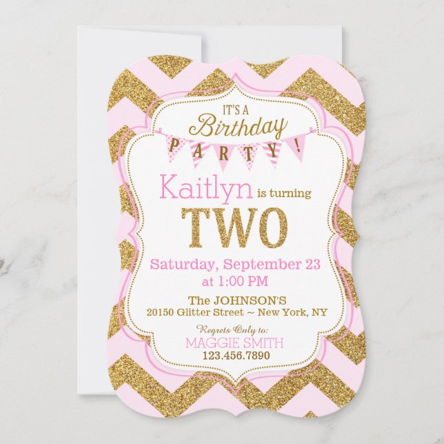 Pink Gold Glitter Sparkle Second Birthday Invite (Front)