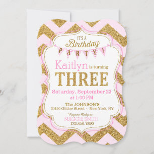 Pink Gold Glitter Sparkle Third Birthday Invite