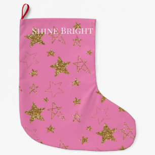 Pink Gold Glitter Stars Large Christmas Stocking