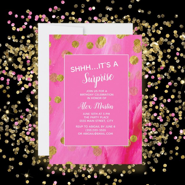 Pink Gold Glitter Surprise Birthday Party Invitation (Hot pink with gold glitter surprise birthday party invitation)