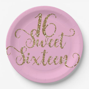 Pink & Gold Glitter Sweet 16 Birthday Party  Paper Plate