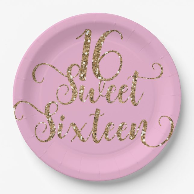 Pink & Gold Glitter Sweet 16 Birthday Party  Paper Plate (Front)