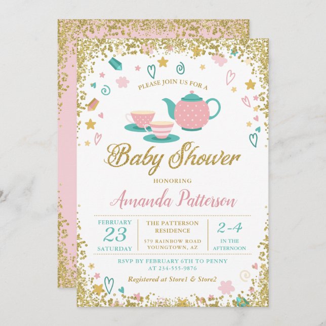 Pink Gold Glitter Tea Party Baby Shower Invitation (Front/Back)