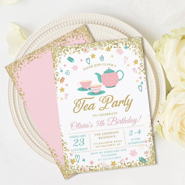 Pink Gold Glitter Tea Party Girls Birthday Invitation (Creator Uploaded)
