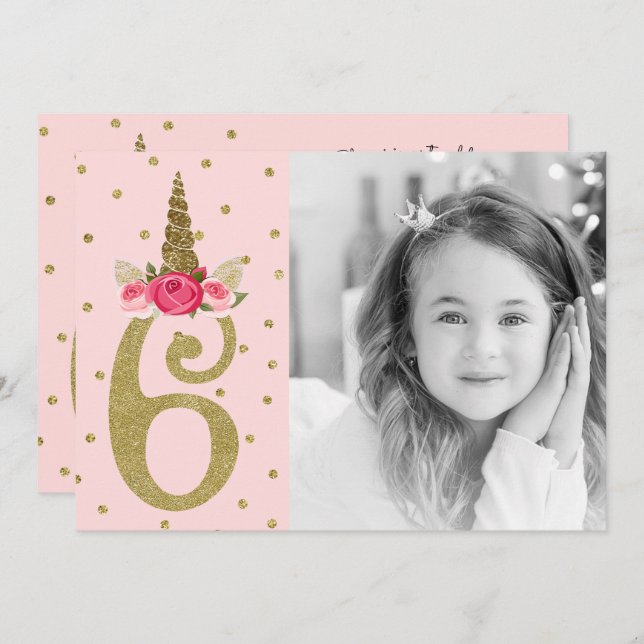 Pink Gold Glitter Unicorn 6 6th Six Birthday Party Invitation (Front/Back)