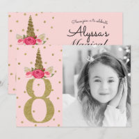 Pink Gold Glitter Unicorn 8 8th Birthday Party