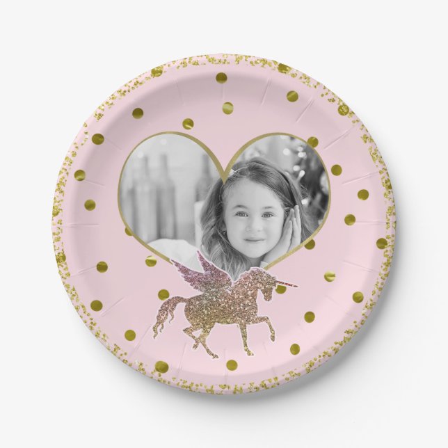 Pink & Gold Glitter Unicorn Birthday Party Photo Paper Plate (Front)