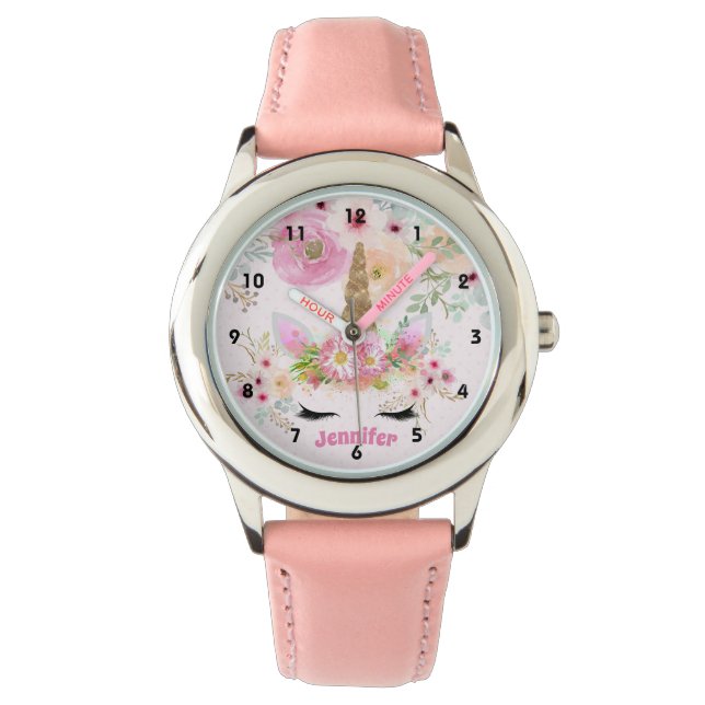 Pink Gold Glitter Unicorn Face Flowers Girls Gifts Watch (Front)