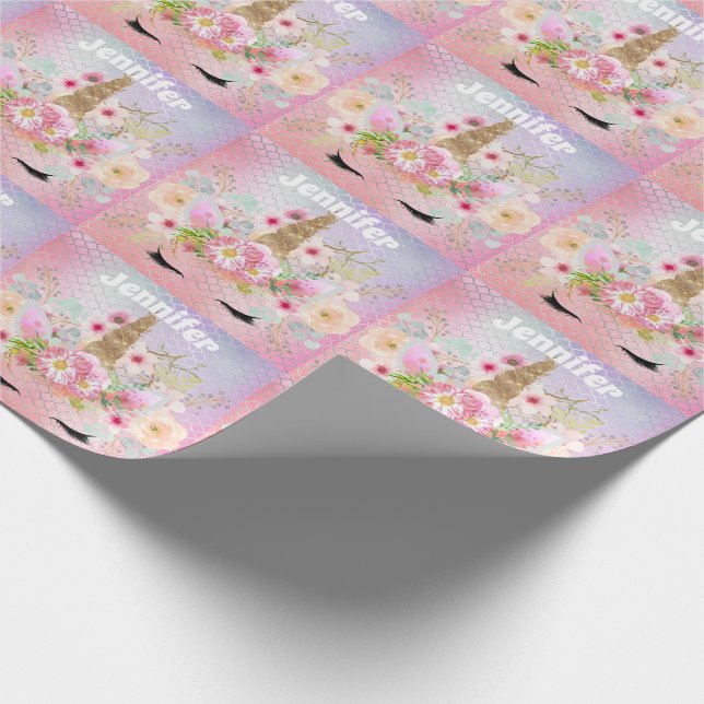 Pink Gold Glitter Unicorn Face Girl Birthday Party Wrapping Paper (Corner)