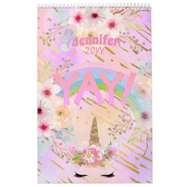 Pink Gold Glitter Unicorn Face Girls Motivational Calendar (Cover)