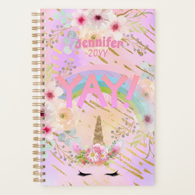 Pink Gold Glitter Unicorn Face Girls Motivational Planner (Front)