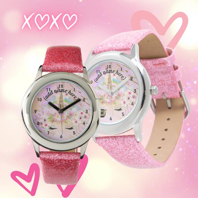 Pink Gold Glitter Unicorn Face Rainbow Girls Gift Watch (Creator Uploaded)