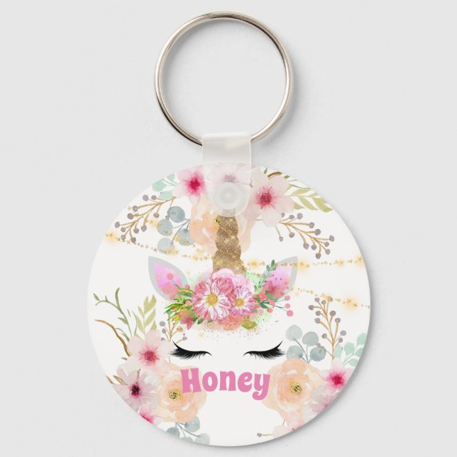 Pink Gold Glitter Unicorn Face Trendy Girls Gift Key Ring (Front)