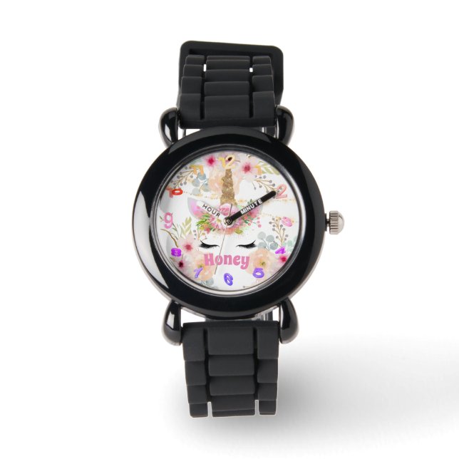 Pink Gold Glitter Unicorn Face Trendy Girls Gift Watch (Front)