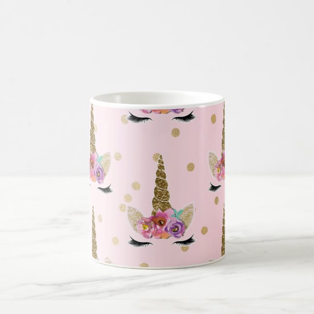 Pink & Gold Glitter Unicorn Floral Horn Modern Coffee Mug (Center)