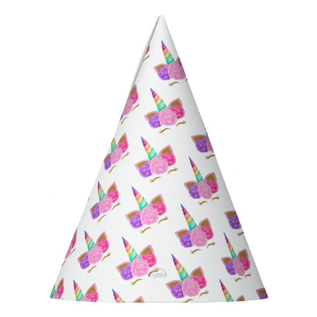 Pink Gold Glitter Unicorn Floral Pattern Party Hat (Left)