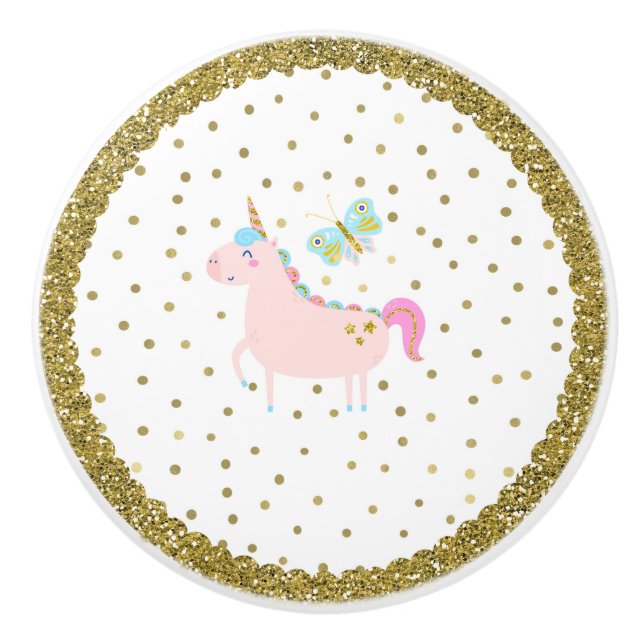 Pink & Gold Glitter Unicorn Girls Bedroom Nursery Ceramic Knob (Front)