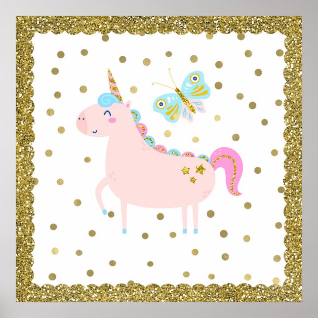 Pink & Gold Glitter Unicorn Girls Bedroom Nursery Poster (Front)