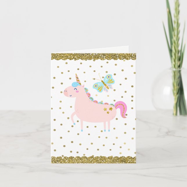 Pink & Gold Glitter Unicorn Girls Birthday Party Card (Front)