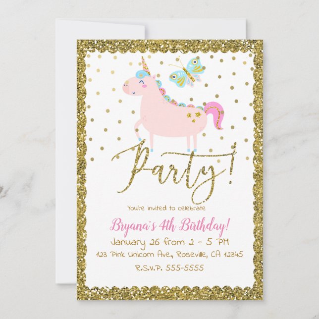 Pink & Gold Glitter Unicorn Girls Birthday Party Invitation (Front)