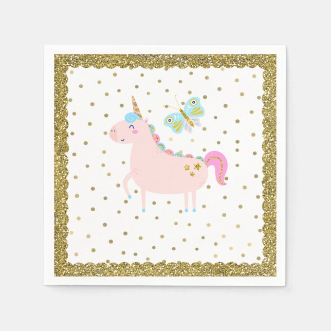 Pink & Gold Glitter Unicorn Girls Birthday Party Napkin (Front)