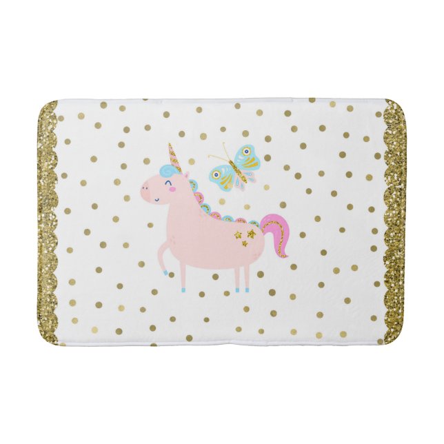 Pink & Gold Glitter Unicorn Girls Glittery Look Bath Mat (Front)