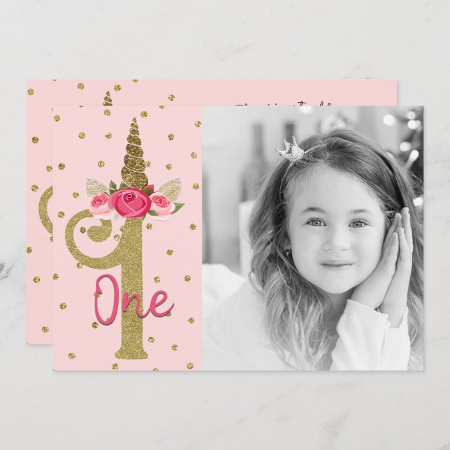 Pink Gold Glitter Unicorn ONE 1st Birthday Party Invitation (Front/Back)