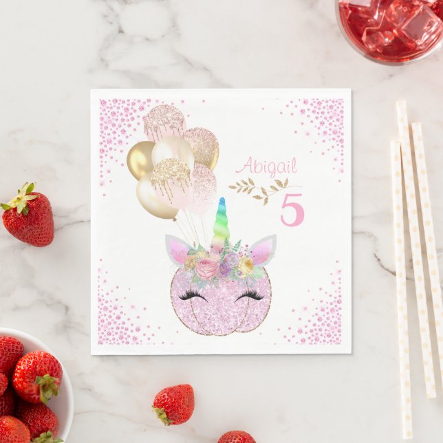 Pink Gold Glitter Unicorn Pumpkin Girls Birthday Napkin (Insitu)