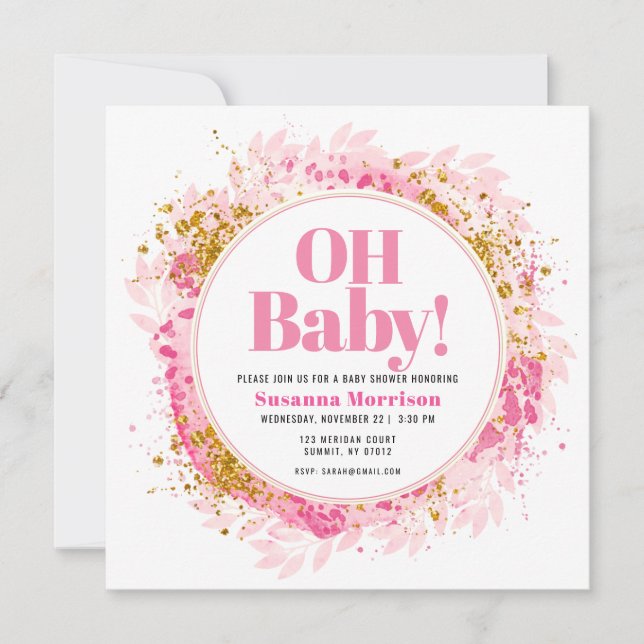 Pink Gold Glitter Watercolor Baby Girl Shower Invi Invitation (Front)