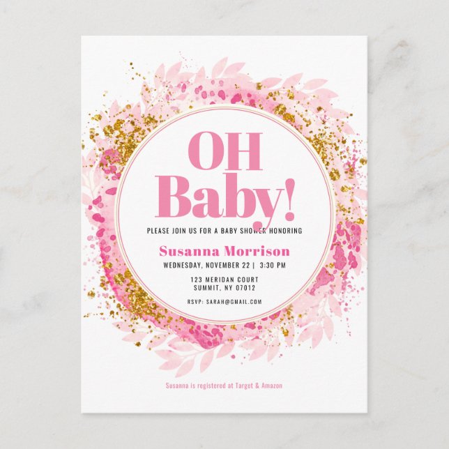 Pink Gold Glitter Watercolor Baby Girl Shower Invitation Postcard (Front)