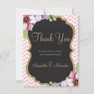 Pink Gold Glitter Watercolor Flower Thank You card