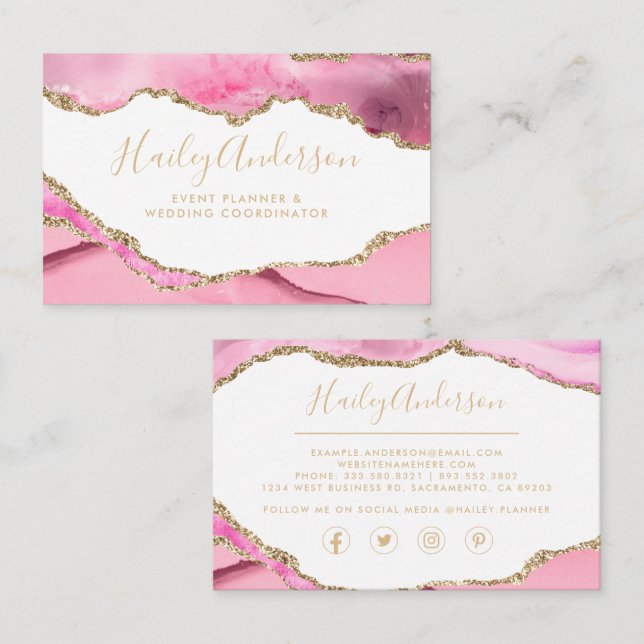 Pink & Gold Glitter Watercolor Gilded Agate Business Card (Front/Back)