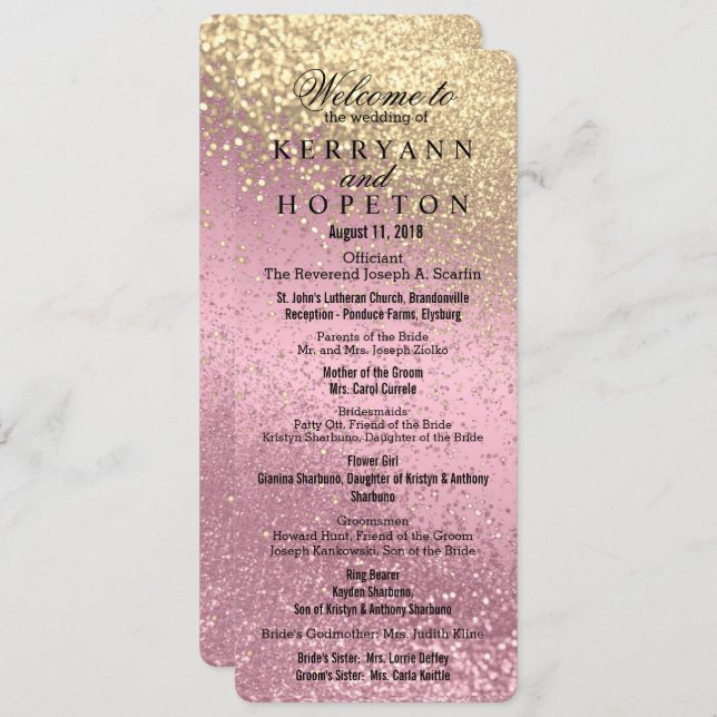 Pink & Gold Glitter Wedding Ceremony  Programme (Front/Back)