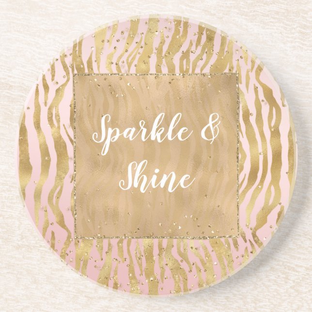 Pink Gold Glitz Sparkle Zebra Print           Coaster (Front)