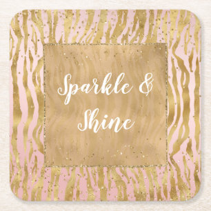 Pink Gold Glitz Sparkle Zebra Print          Square Paper Coaster