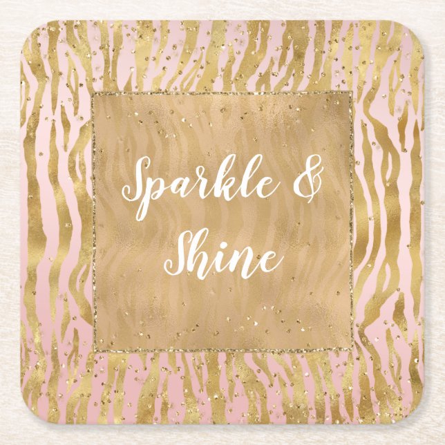 Pink Gold Glitz Sparkle Zebra Print          Square Paper Coaster (Front)
