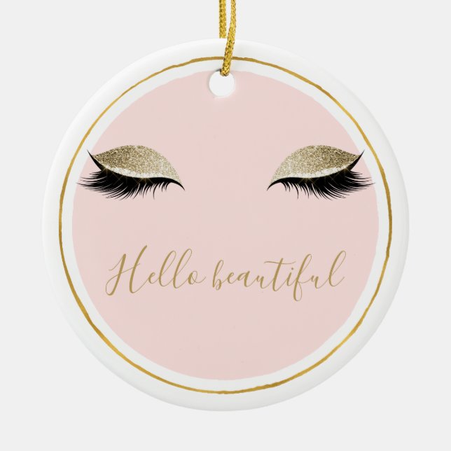 Pink Gold Glitzy Black Eyelashes Ceramic Tree Decoration (Front)