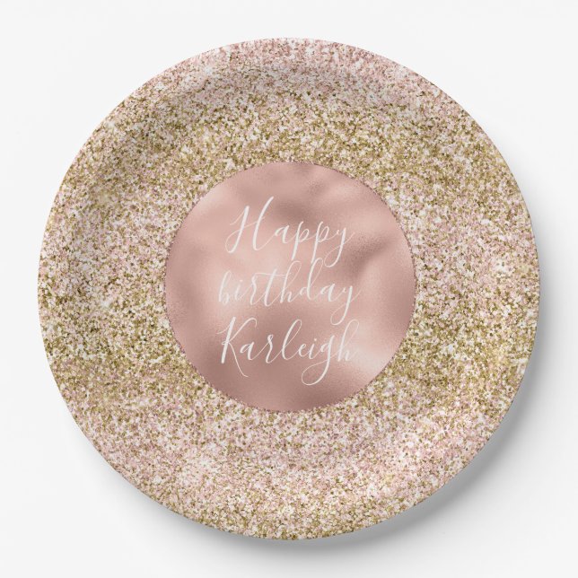 Pink Gold Glitzy Girly Sparkle Glitter Ombre Paper Plate (Front)