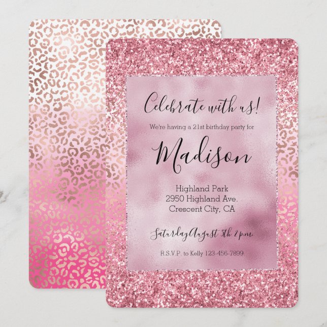 Pink Gold Glitzy Glitter Ombre Leopard Print Invitation (Front/Back)